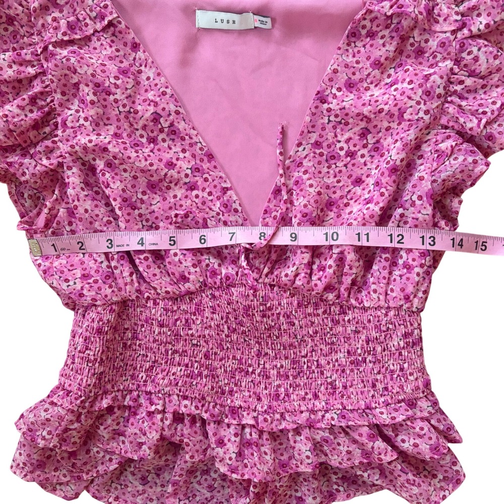 Lush Pink Floral Smocked Peplum Top Sz Small Ruffle Sleeve Cottagecore Soft Girl - Picture 6 of 8